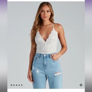 Windsor Ivory Lace V-Neck Bodysuit with Spaghetti Straps